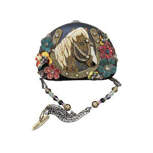Mary Frances Beaded Horse w/Floral Details Black Leather Shoulder Purse